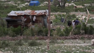 Teneke kulübe, çamaşır ipi ve Haiti 'de yaşayanlar.