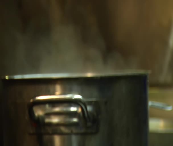 La vapeur vient du pot en métal sur la cuisinière — Video