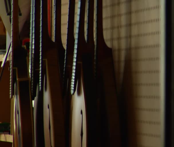 Rack foco em instrumentos de cordas — Vídeo de Stock