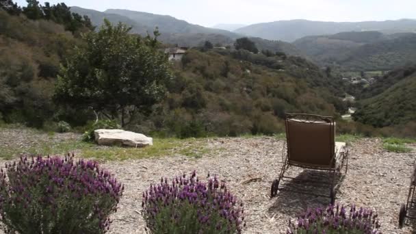 Lavendel, Liegestühle und das grüne Tal unten — Stockvideo