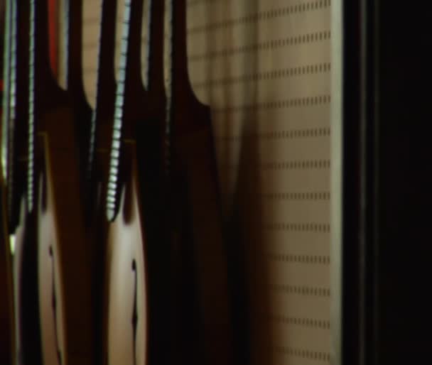 Pan from stringed instruments to worker — Stock Video