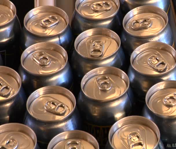 Close-up de latas de cerveja na linha de montagem — Vídeo de Stock