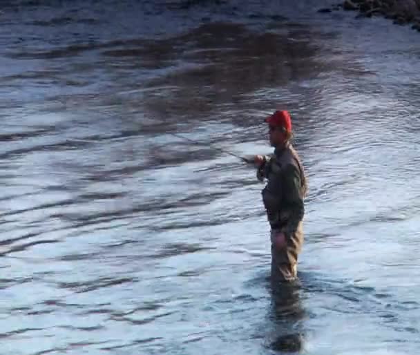 Man flyfishing in rivier in de winter — Stockvideo