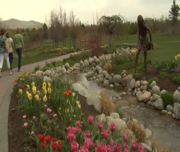 Jib hasta más allá de los tulipanes a las damas en el parque — Vídeos de Stock