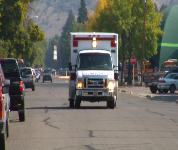 Ambulancia con luces conduciendo calle abajo — Vídeos de Stock