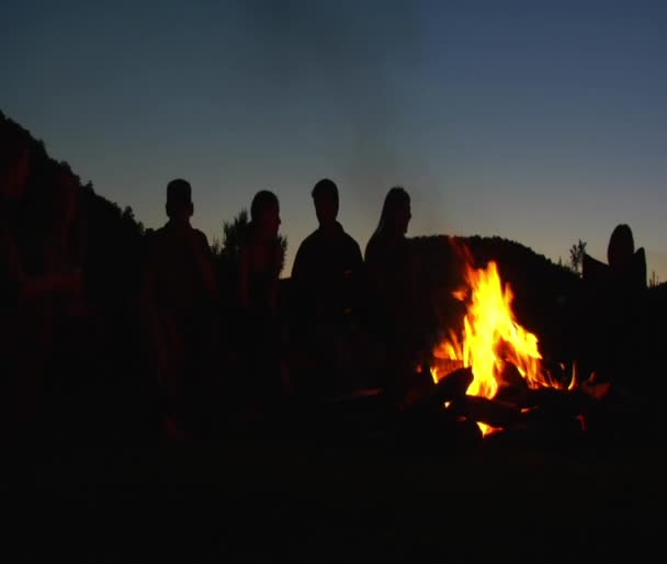 Group sits around campfire — Stock Video
