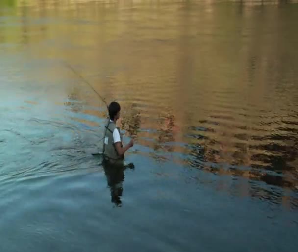 Junger Fliegenfischer in ruhigem Wasser — Stockvideo