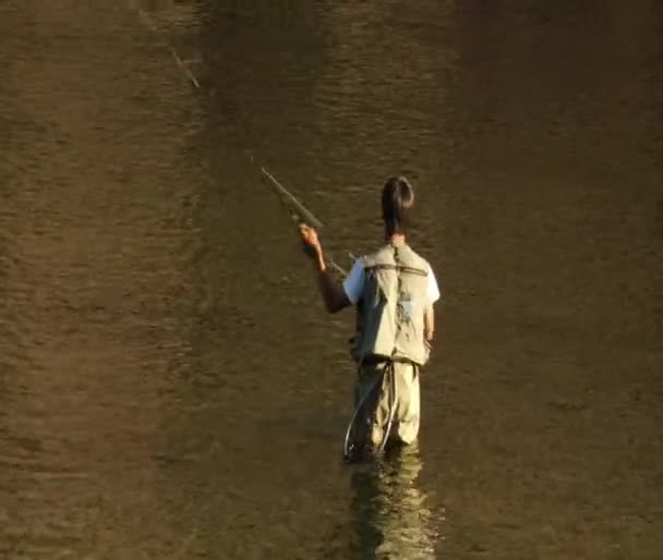 Joven pescando con mosca en agua colorida — Vídeo de stock