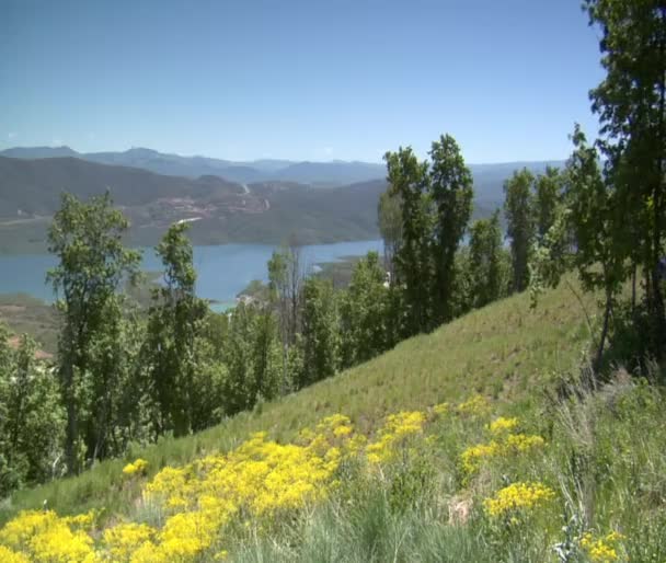 Aerial shot of two mountain bikers on red Ridge — Stock Video