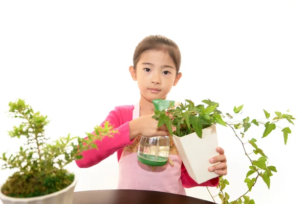 Lachende Aziatisch meisje met plant — Stockfoto