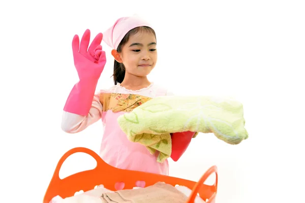 Chica con Busket de lavandería —  Fotos de Stock