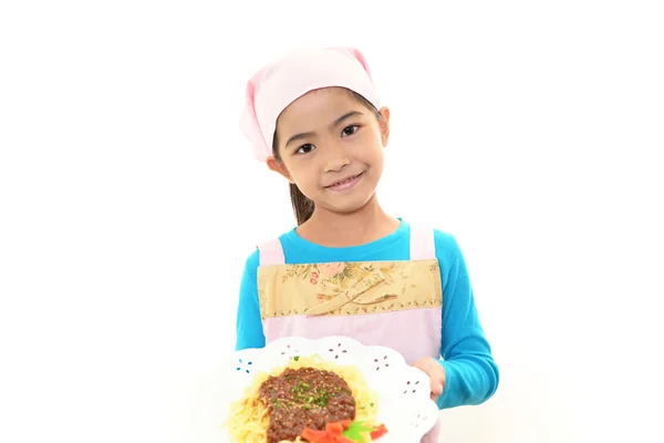 Lachende meisje met maaltijd — Stockfoto
