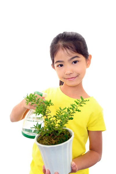 Sorrindo menina asiática com planta — Fotografia de Stock