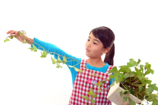 Menina sorridente com planta — Fotografia de Stock