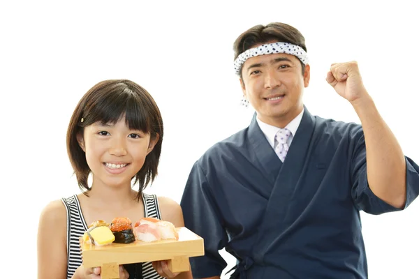寿司厨师和一名儿童 — 图库照片