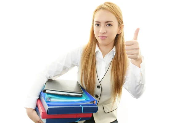 Glückliche Geschäftsfrau mit erhobenem Daumen — Stockfoto