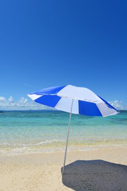 arka plan mavi deniz ile güneşli bir plaj plaj şemsiye.