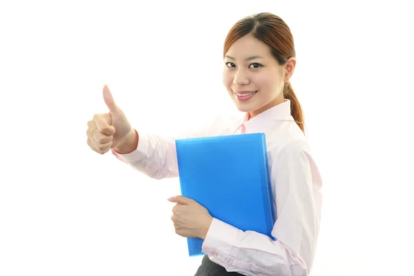 Mujer de negocios feliz con los pulgares arriba — Foto de Stock