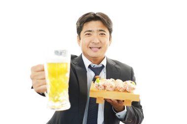 Man enjoy beer and food clipart