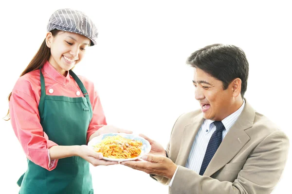 Smiling waitress with customer — Stock Photo, Image