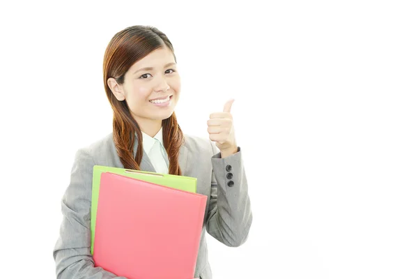 Mujer de negocios feliz con los pulgares arriba — Foto de Stock