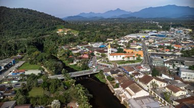 Aerial  view of the historic center of Morretes, State of Parana, South of Brazil. Special  emphasis on Nhundiaqua River and the central square