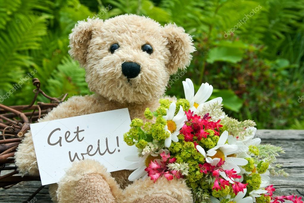 Teddy bear with flowers and card with lettering get well