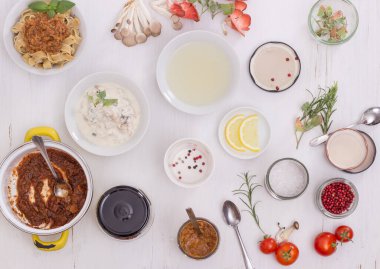 Table with fresh ingredients for vegan cuisine 