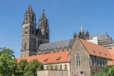 Gothic towers of the cathedral in Magdeburg, Saxony-Anhalt, Germany
