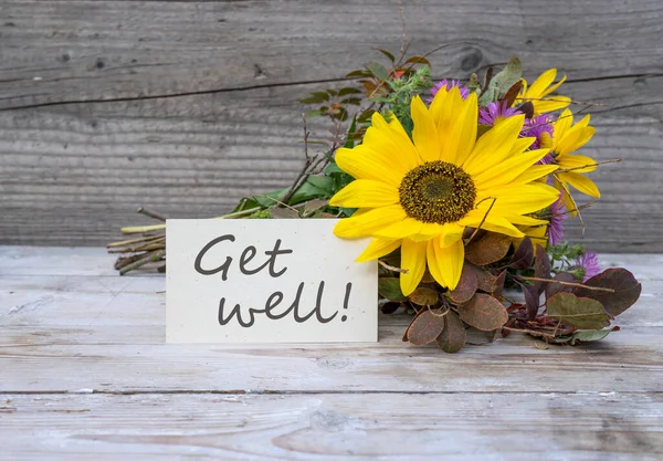 Card English Text Get Well Lies Front Autumn Bouquet Flowers — Stock Photo, Image