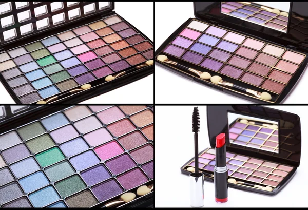 collage, Multicolored eye shadows palette, red Lipstick and blac