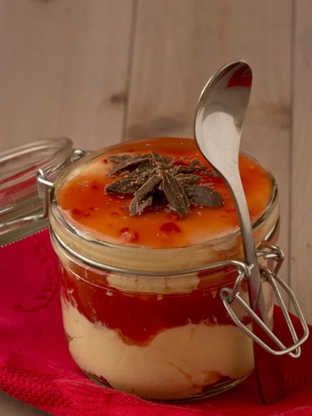 Vanillecreme mit roter Fruchtsauce — Stockfoto