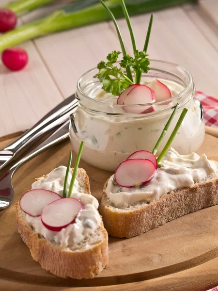 Herb curd on a plate Baquette — Stock Photo, Image