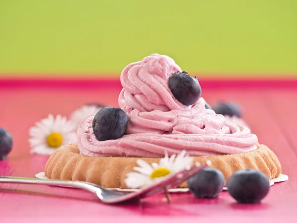 Cake with cream and fresh blueberries — Stock Photo, Image