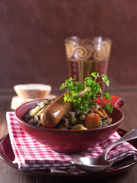 Lentil soup with sausages — Stock Photo, Image