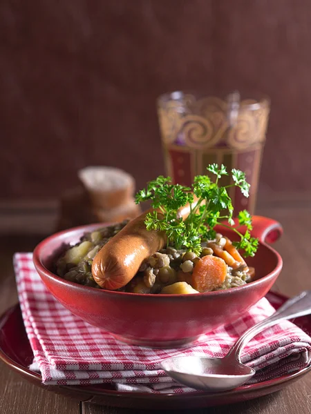 Lentil soup with sausages — Stock Photo, Image