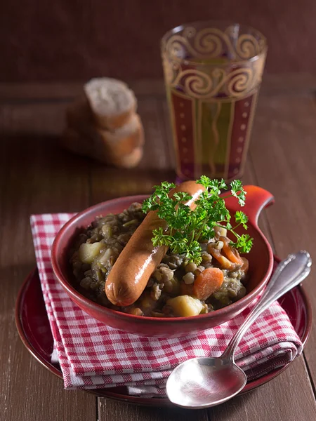 Lentil soup with sausages — Stock Photo, Image