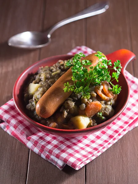 Lentil soup with sausages — Stock Photo, Image