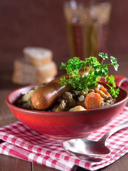 Lentil soup with sausages — Stock Photo, Image