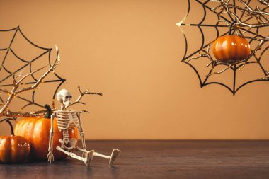 Altın örümcek ağları ve dalları olan turuncu Cadılar Bayramı balkabakları. İskelet. Cadılar Bayramı parti dekorasyonun kutlu olsun. Boşluk afişini kopyala
