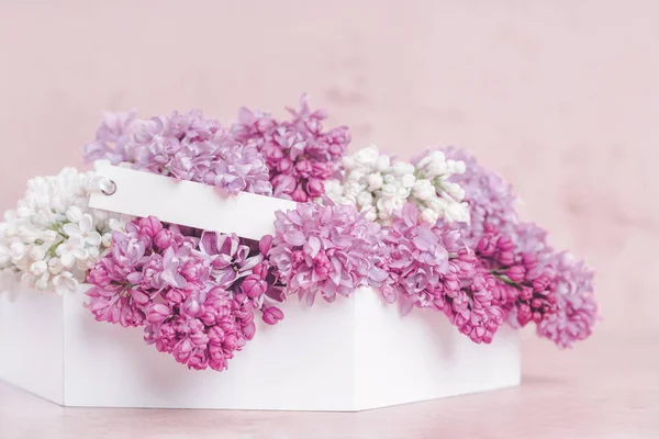 Lilac Flowers White Box Mockup Gift Tag Pink Blurred Background — Stock Photo, Image