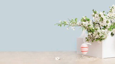 Mutlu Paskalyalar. Bahar bayramında yumurta, beyaz çiçekli meyve dalları küçük kristal vazoda narin mavi arka planda. Kopya alanı olan taze çiçek arkaplanı