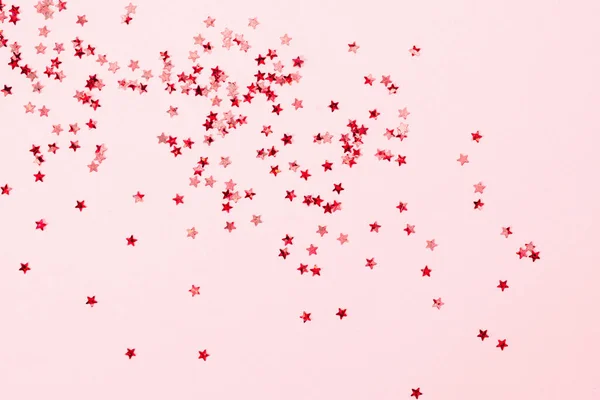 Espalhados Rosa Holográfico Brilho Confete Estrela Forma Doces Rosa Fundo — Fotografia de Stock