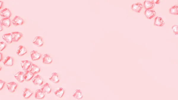 Svatý Valentýn Růžové Pozadí Hranice Leželo Tam Mnoho Skleněných Srdcí — Stock fotografie