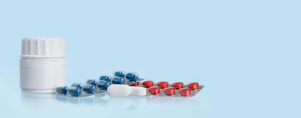 Medical Background Many Blue Red Capsule Tablets Pills Blue Table — Stock Photo, Image
