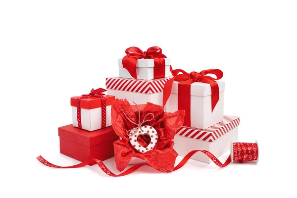 Set of red and white gift boxes on white isolated background — Stockfoto