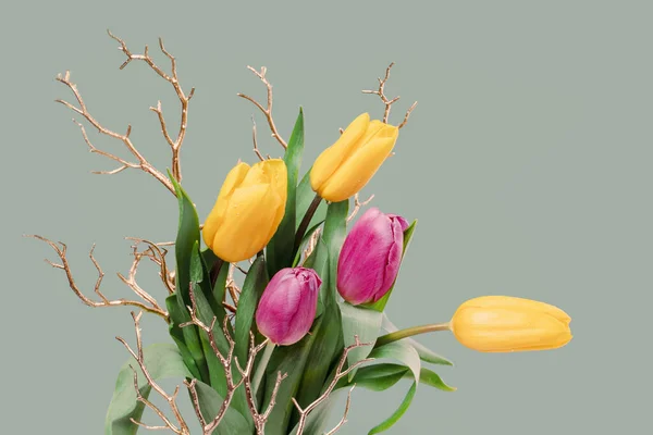 Fresh tulips bouquet on pastel green background — Stock Photo, Image