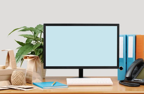 Traditional Modern Office Desk Mockup Monitor Screen Supplies Phone Buff — Stock Photo, Image