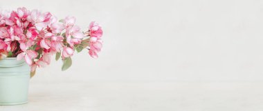 Küçük bir zeytin kovasında pembe bahar çiçekleri