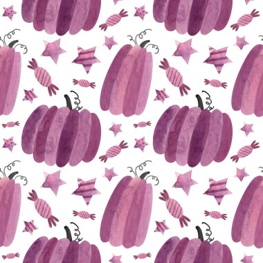 Mor balkabakları ve şekerlerle kusursuz bir Cadılar Bayramı deseni. Beyaz arkaplan üzerine ürkütücü dijital yapıştırma kitabı.